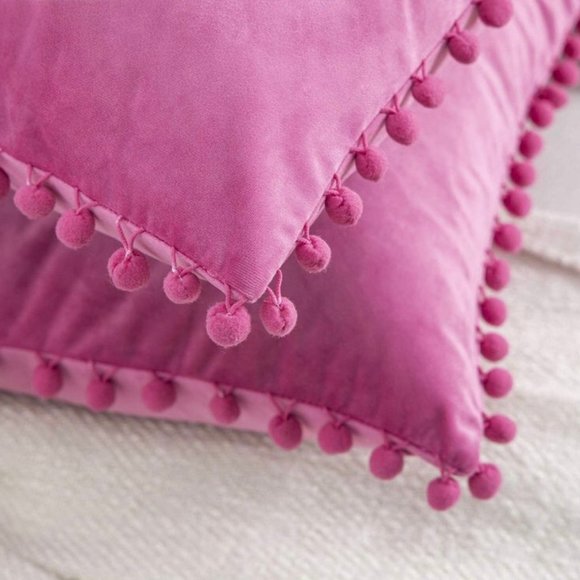 (Only Covers) Set of 2 Poms Poms Velvet Decorative Pillow Covers, Pink - Picture 2 of 2